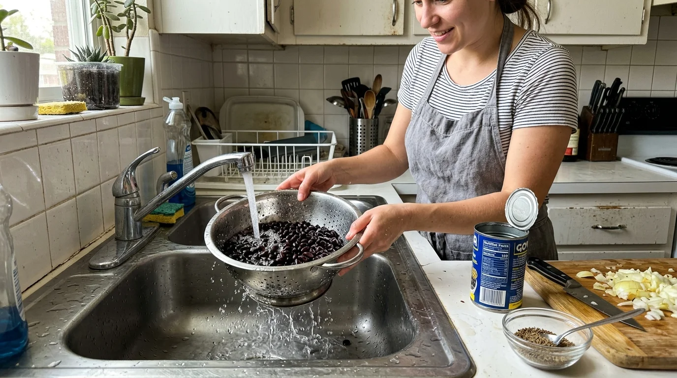 A woman rinsing black beans in a metal colander under running kitchen tap water next to an open can.