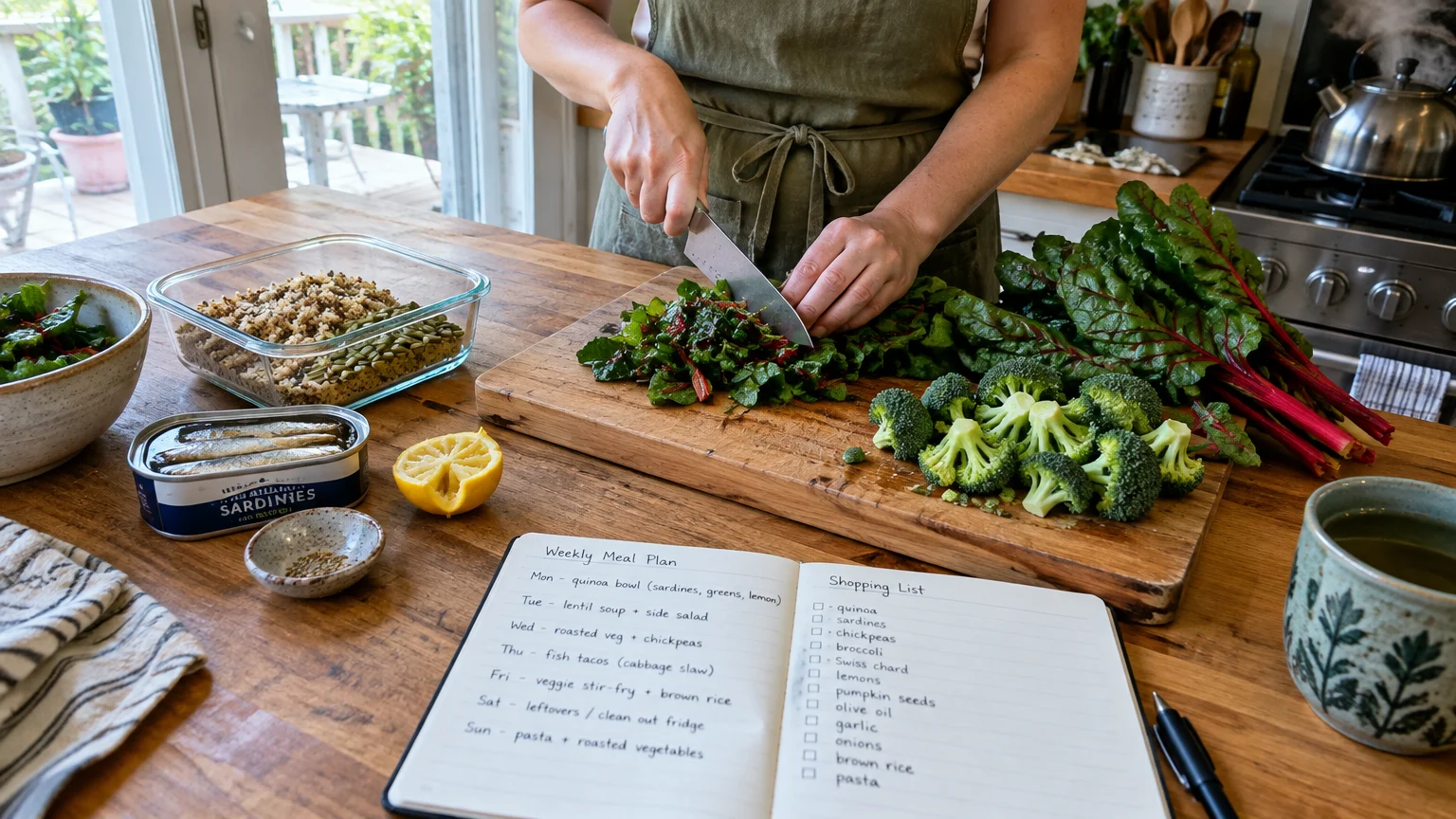 Person chopping greens on a cutting board beside broccoli, canned sardines, and an open meal planning notebook.