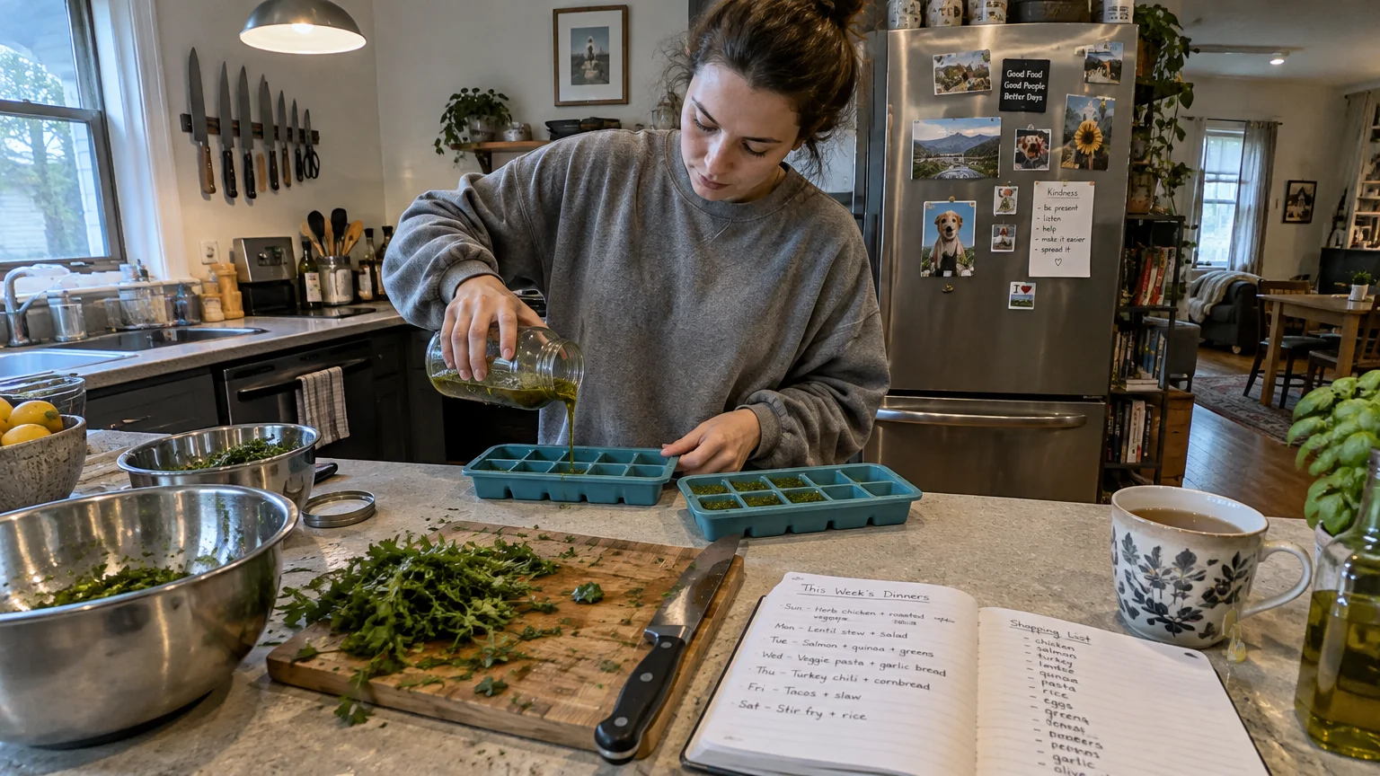 A woman pours green herb oil from a jar into silicone ice cube trays on a kitchen counter near a meal plan notebook.