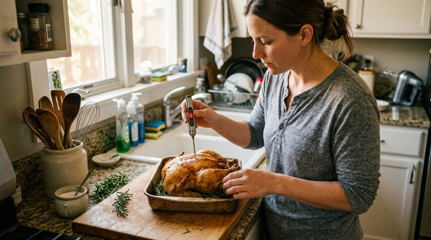 A woman in a kitchen inserts a digital food thermometer into a whole roasted chicken resting in a roasting pan.