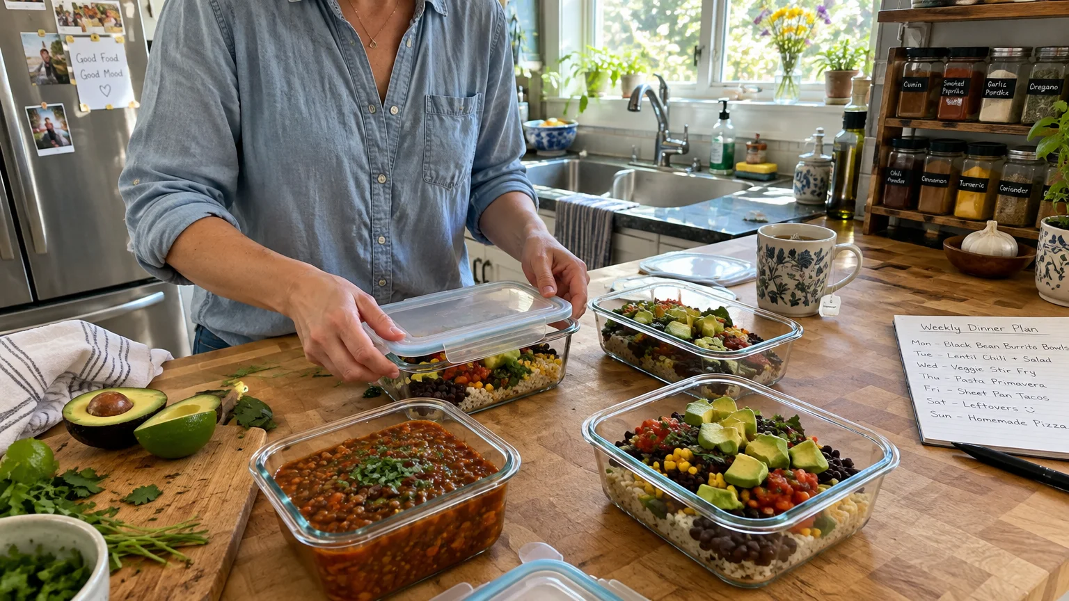 Woman packing glass meal prep containers with lentil chili and black bean burrito bowls next to a weekly dinner plan.