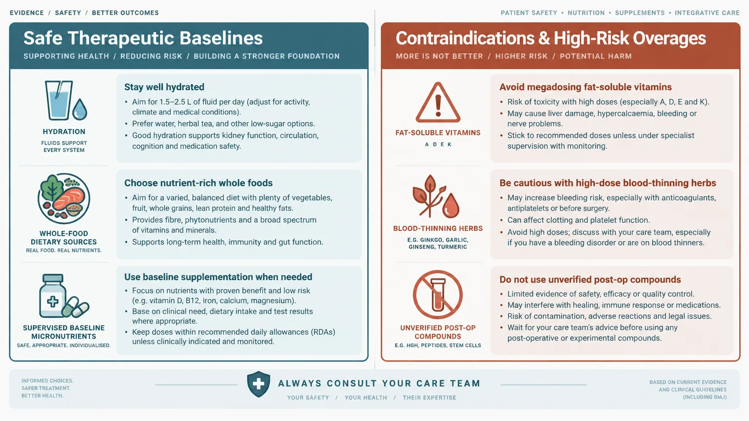 Side-by-side comparison infographic contrasting safe therapeutic baseline guidelines against high-risk nutrient overages.