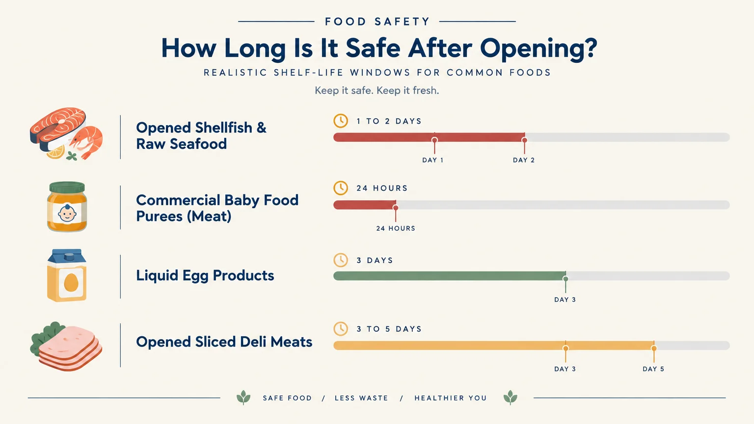 Infographic timeline showing shelf-life after opening for seafood, baby food purees, liquid eggs, and sliced deli meats.