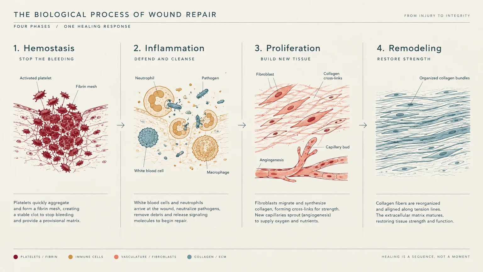 Diagram illustrating four biological phases of wound repair: hemostasis, inflammation, proliferation, and remodeling.