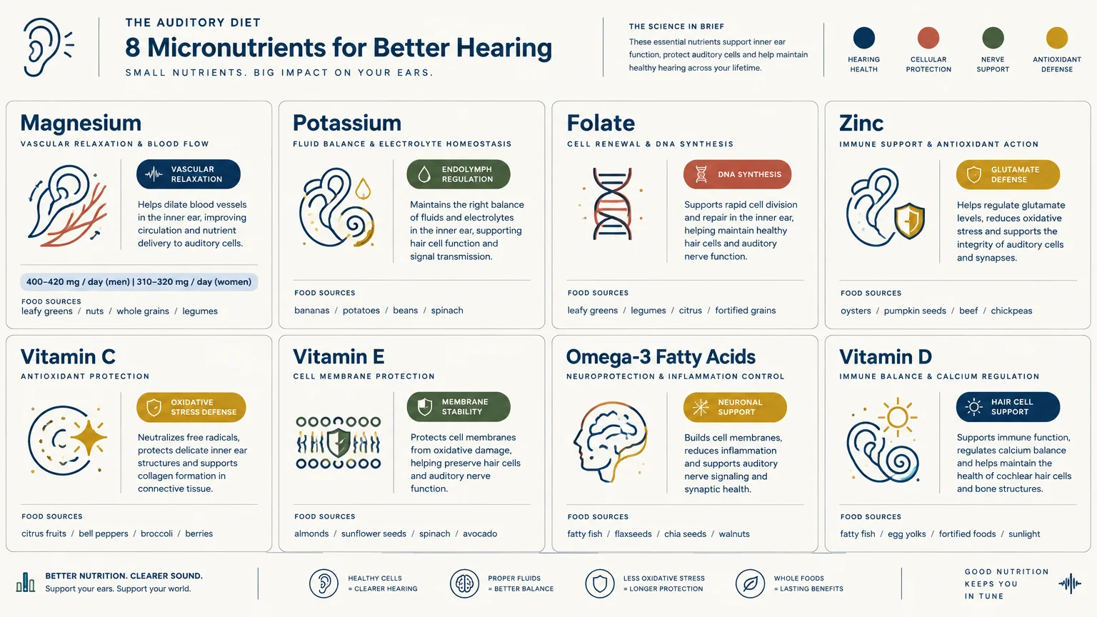 Infographic detailing 8 micronutrients for hearing with food sources, functions, and biological benefits across eight panels.