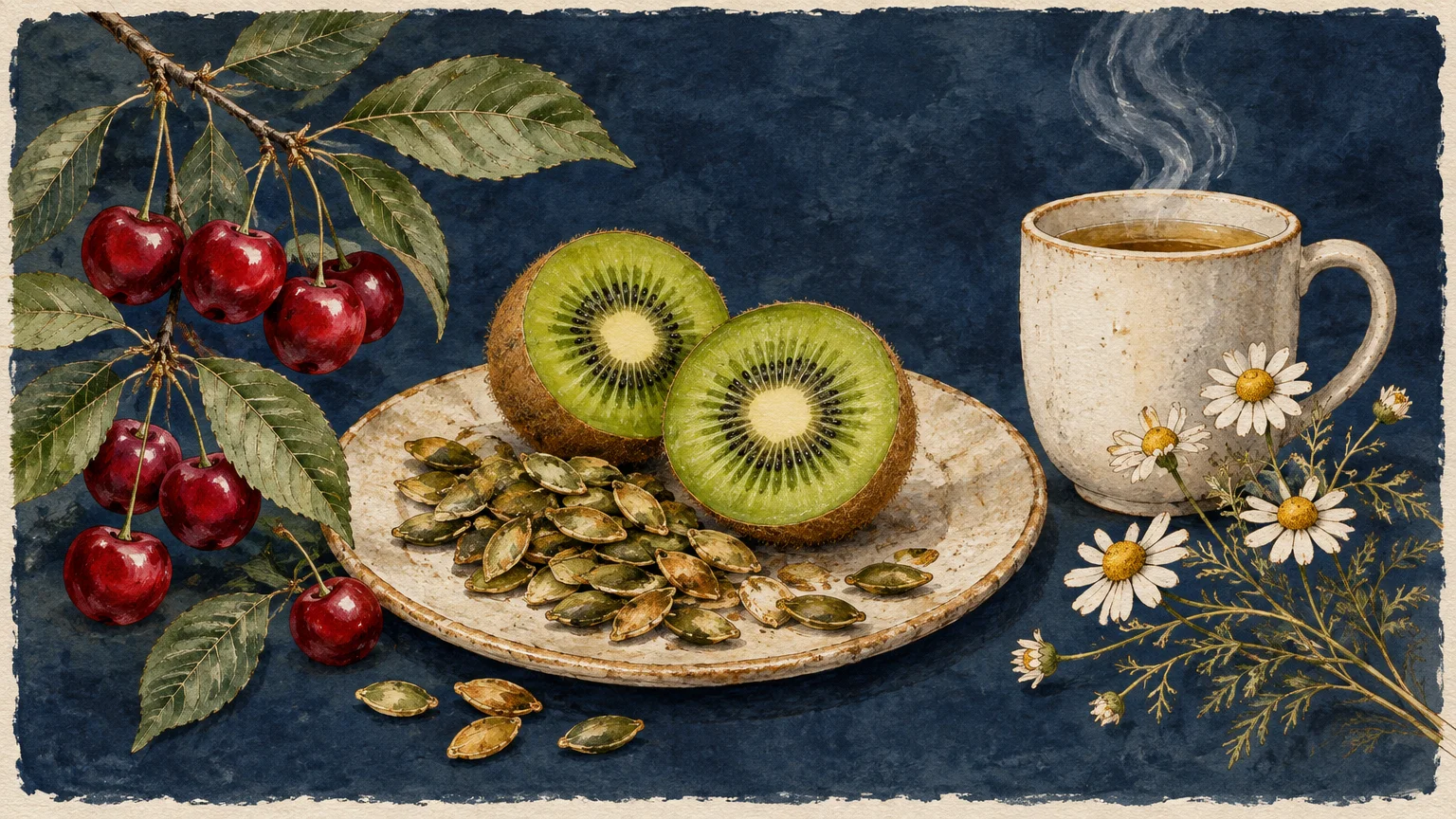 Sliced kiwi and pumpkin seeds on a plate beside fresh cherries, a steaming mug of tea, and chamomile flowers.