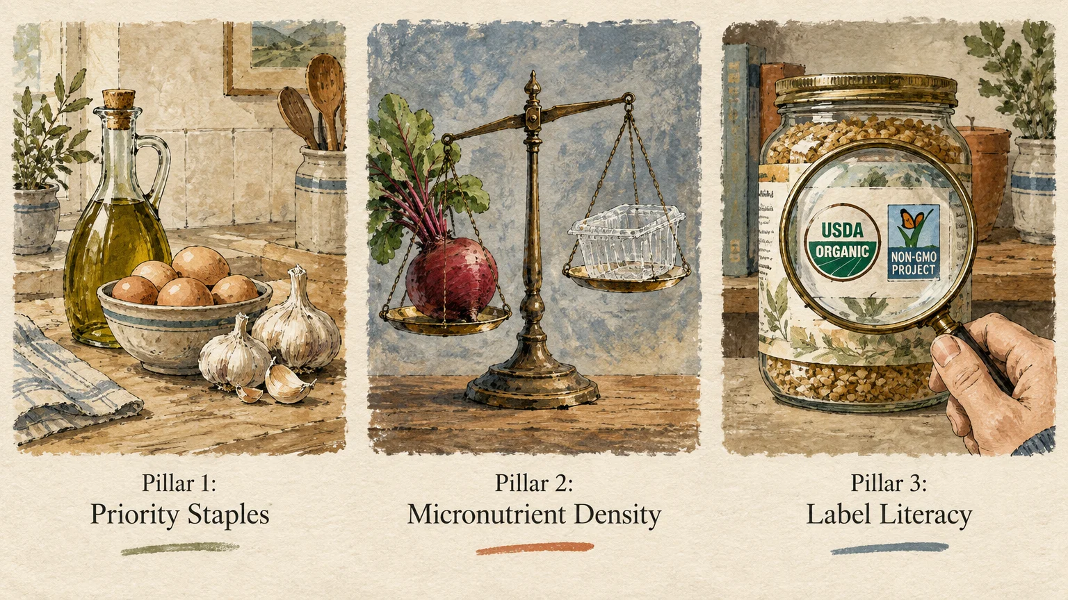 Three panels illustrating grocery pillars: kitchen staples, a scale weighing a beet against packaging, and a jar label.