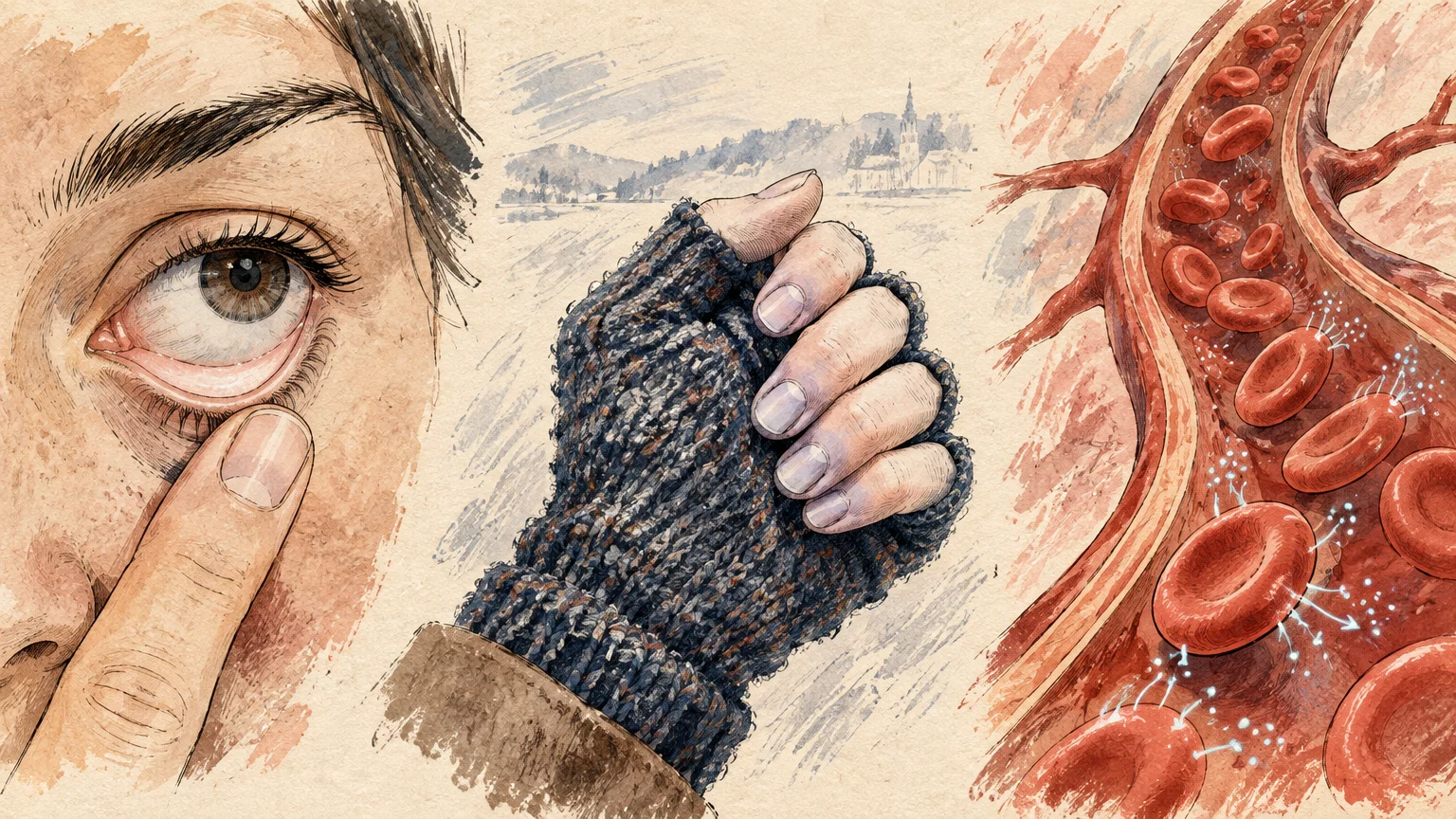 Illustration of a person pulling down their lower eyelid, a cold gloved hand, and red blood cells inside a vessel.