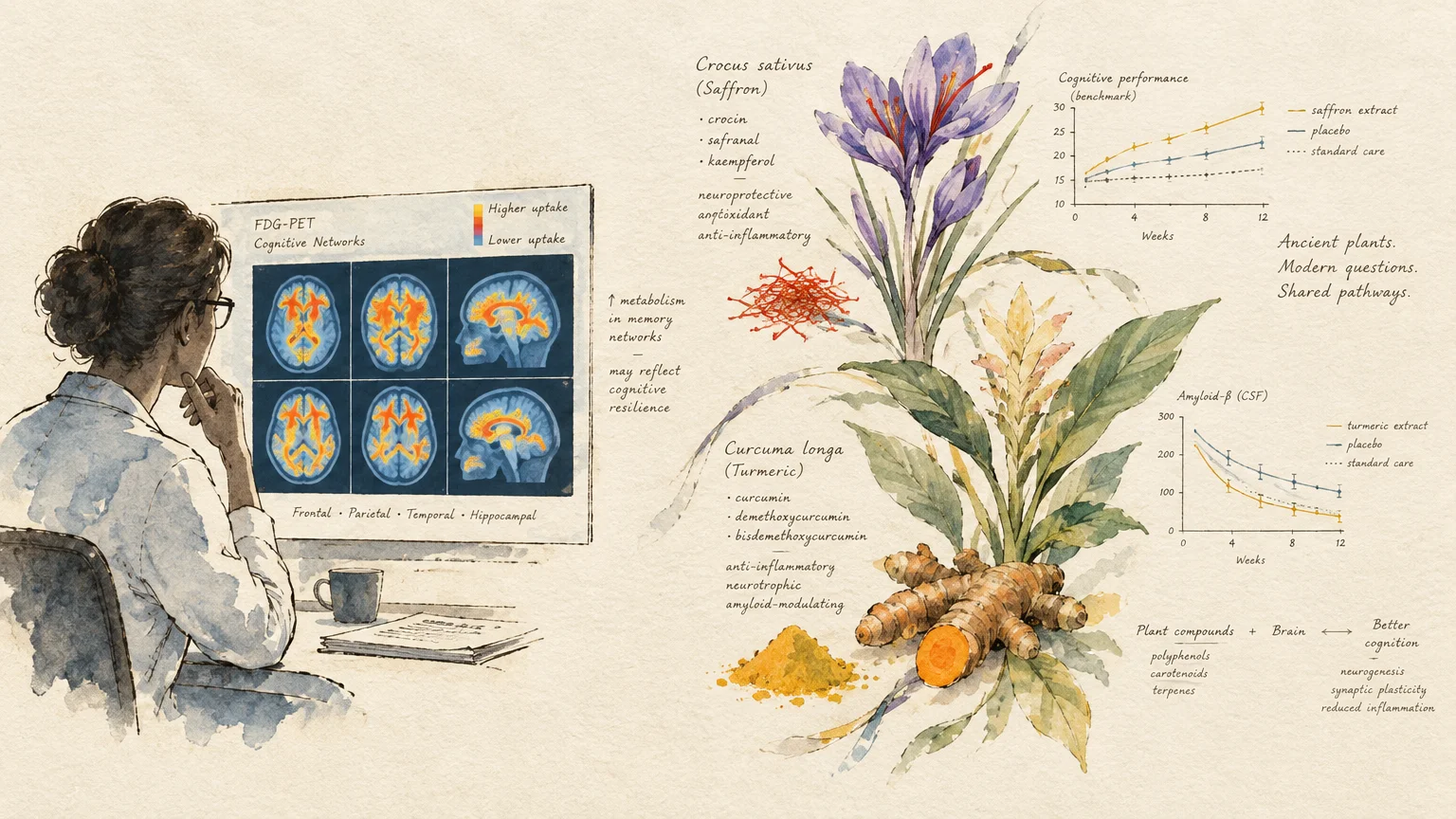 Watercolor illustration of a scientist viewing brain PET scans alongside saffron flowers, turmeric root, and clinical charts.