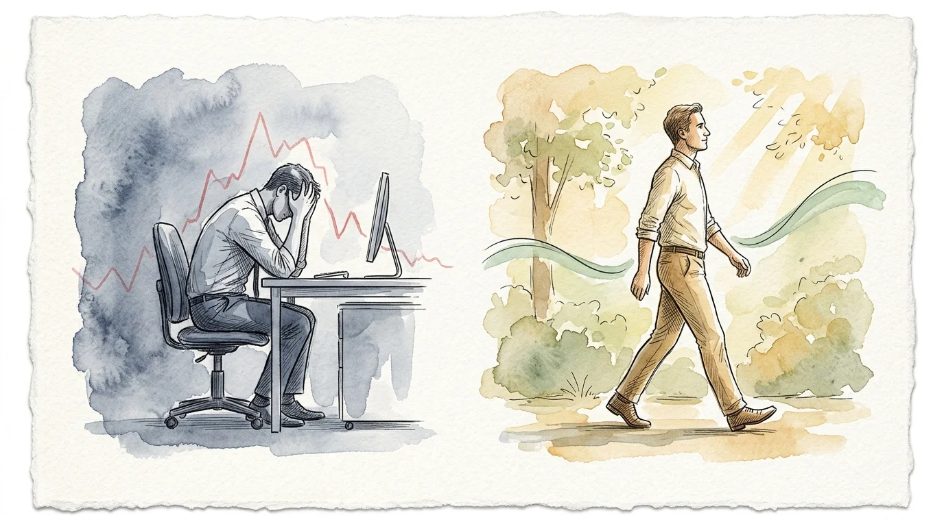 Split watercolor illustration of a tired man slumped at an office desk beside an energetic man walking outdoors in sunlight.
