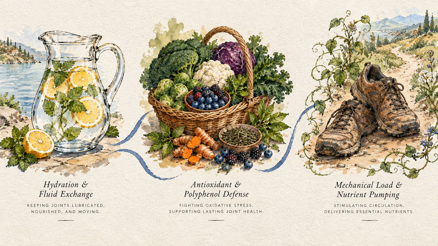 Watercolor illustration showing a water pitcher, a basket of vegetables and berries, and hiking shoes along a trail.