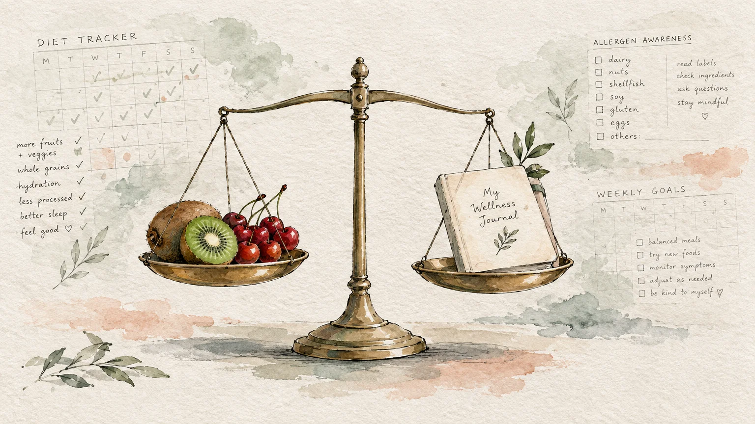 Watercolor illustration of a brass balance scale holding kiwi and cherries on one side and a wellness journal on the other.