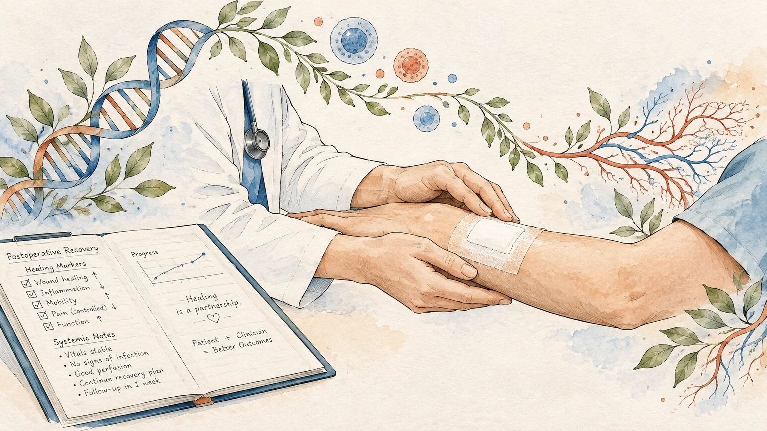 Illustration of a doctor tending to a bandaged arm beside medical charts, DNA, and botanical vines.