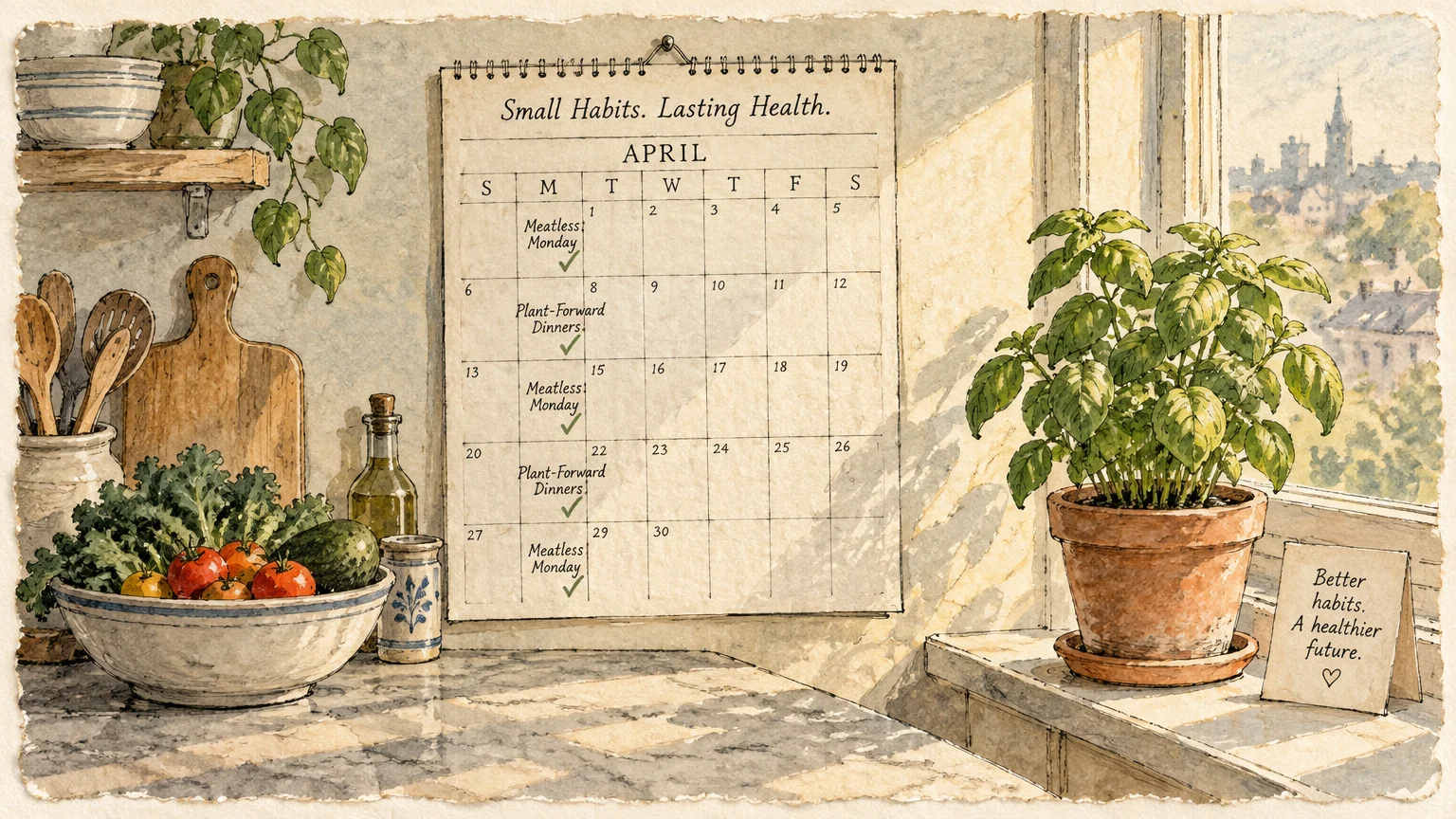 Watercolor of a kitchen counter with a monthly calendar, bowl of fresh vegetables, and potted basil plant by a window.