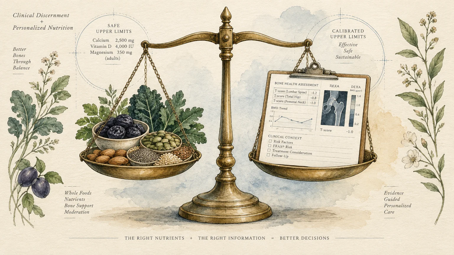 Illustration of a brass balance scale holding bowls of food on one side and a clinical bone assessment clipboard on the other.
