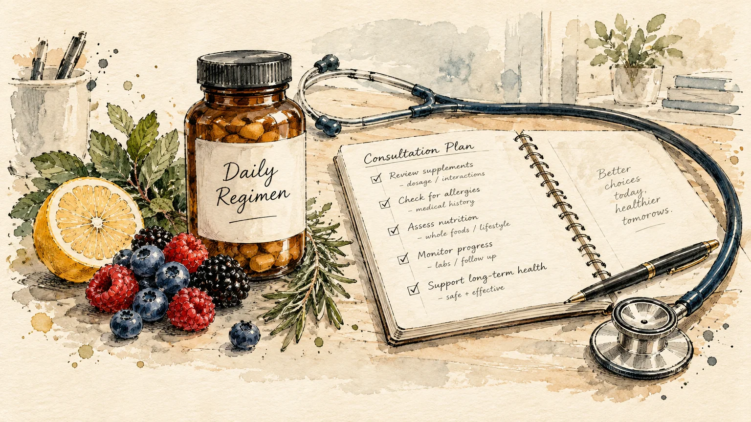 Watercolor illustration of a supplement bottle, stethoscope, notebook with a consultation plan, berries, and a lemon slice.