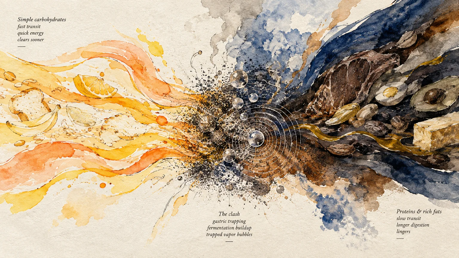 Watercolor illustration contrasting simple carbohydrates on the left with heavy proteins and fats colliding in the center.