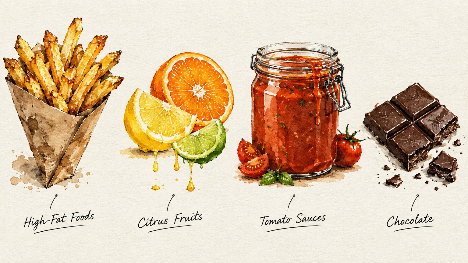 Watercolor illustration of french fries, citrus slices, a jar of tomato sauce, and chocolate squares with labeled text.