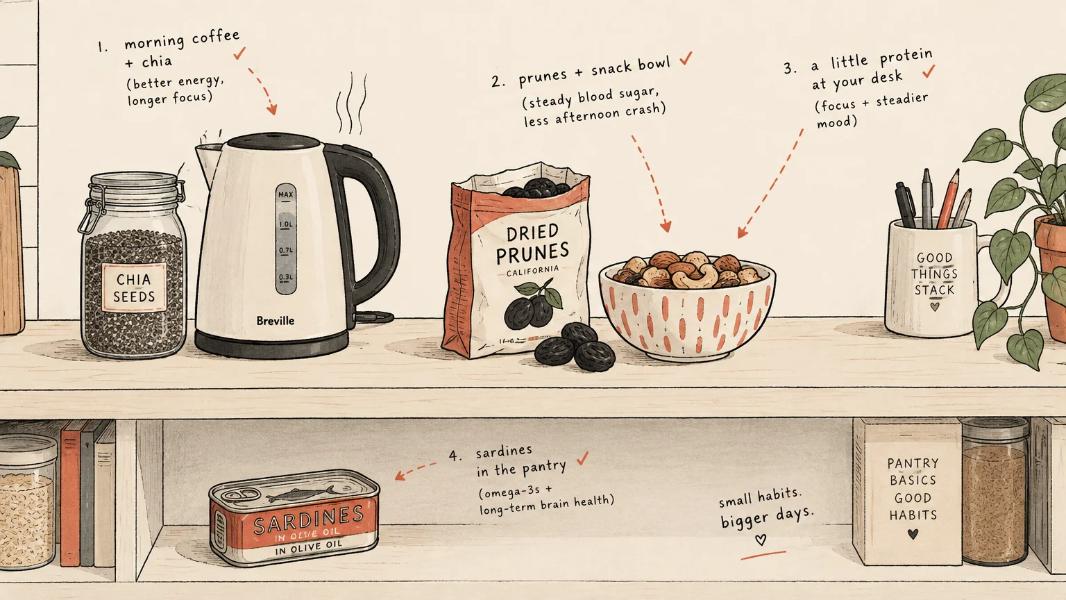 Illustration of kitchen shelves with chia seeds beside a kettle, dried prunes, nuts, and a tin of sardines.