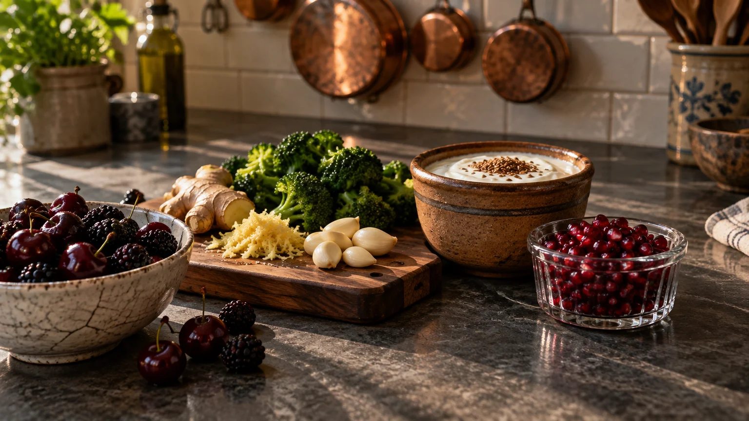 Bowls of berries, pomegranate seeds, and yogurt alongside broccoli, ginger, and garlic arranged on a sunlit counter.