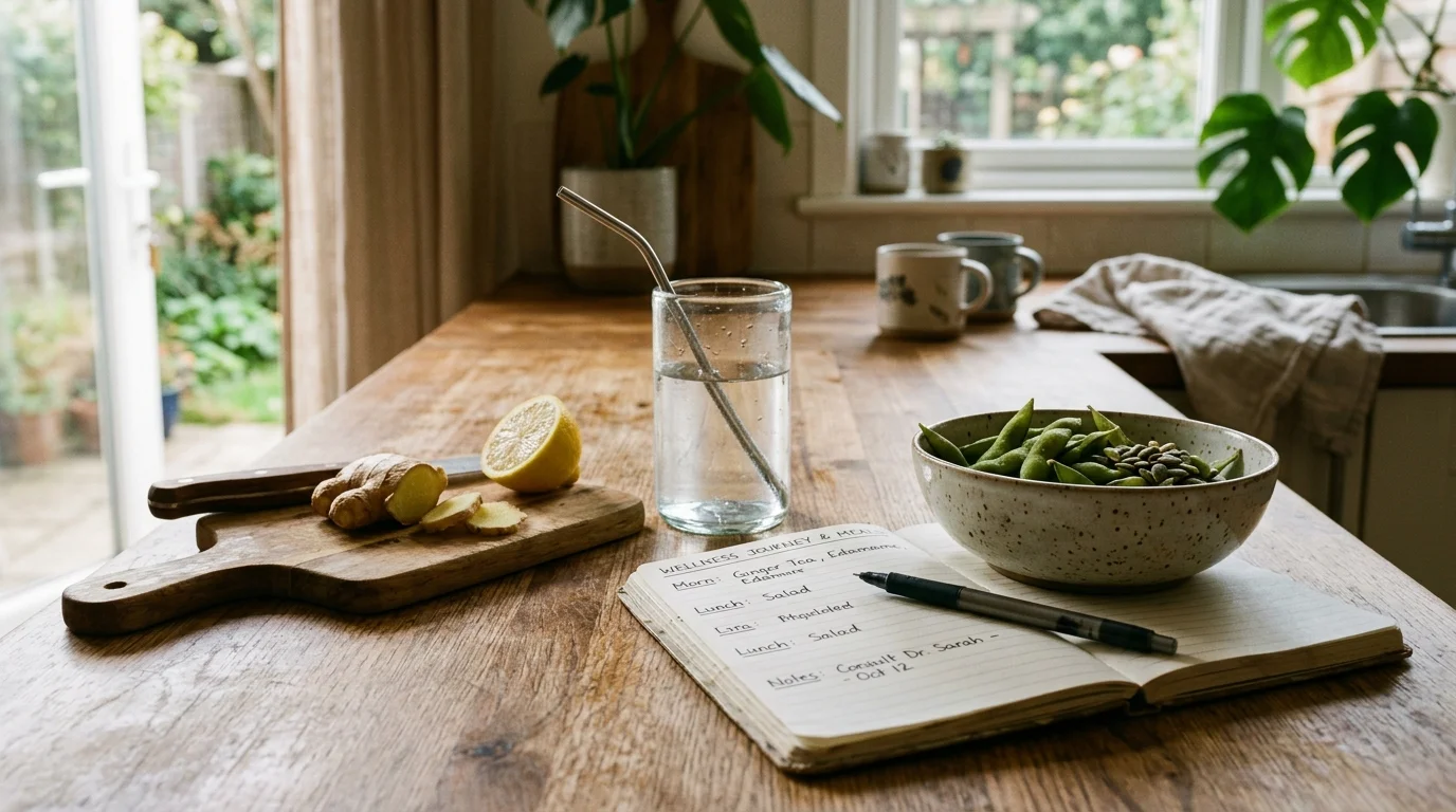 Open meal journal, pen, glass of water, bowl of edamame, and sliced lemon with ginger on a wooden kitchen counter.