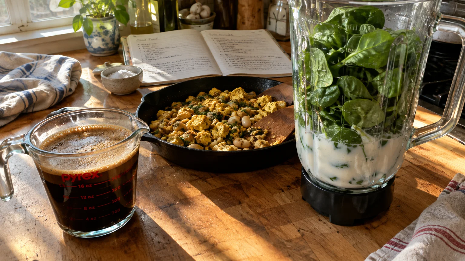 A measuring cup of coffee, a skillet of scrambled tofu, and a blender filled with milk and spinach on a wooden counter.
