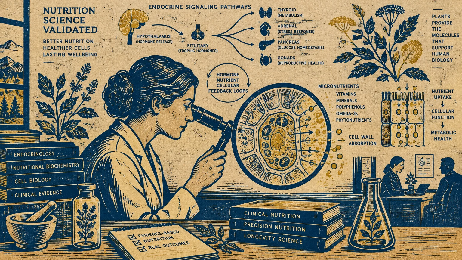 A female scientist looks through a microscope beside diagrams of endocrine signaling pathways and plant cells.