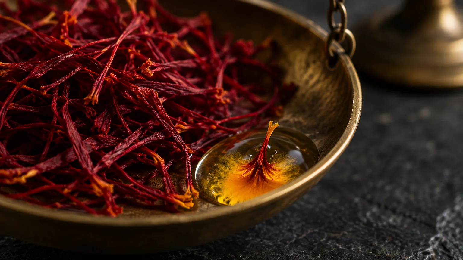 Crimson saffron threads piled on a brass scale pan with a single droplet infusing golden yellow liquid.