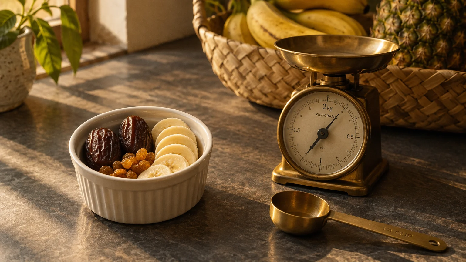 Ramekin of sliced banana, dates, and raisins beside an antique brass kitchen scale and measuring scoop on a counter.