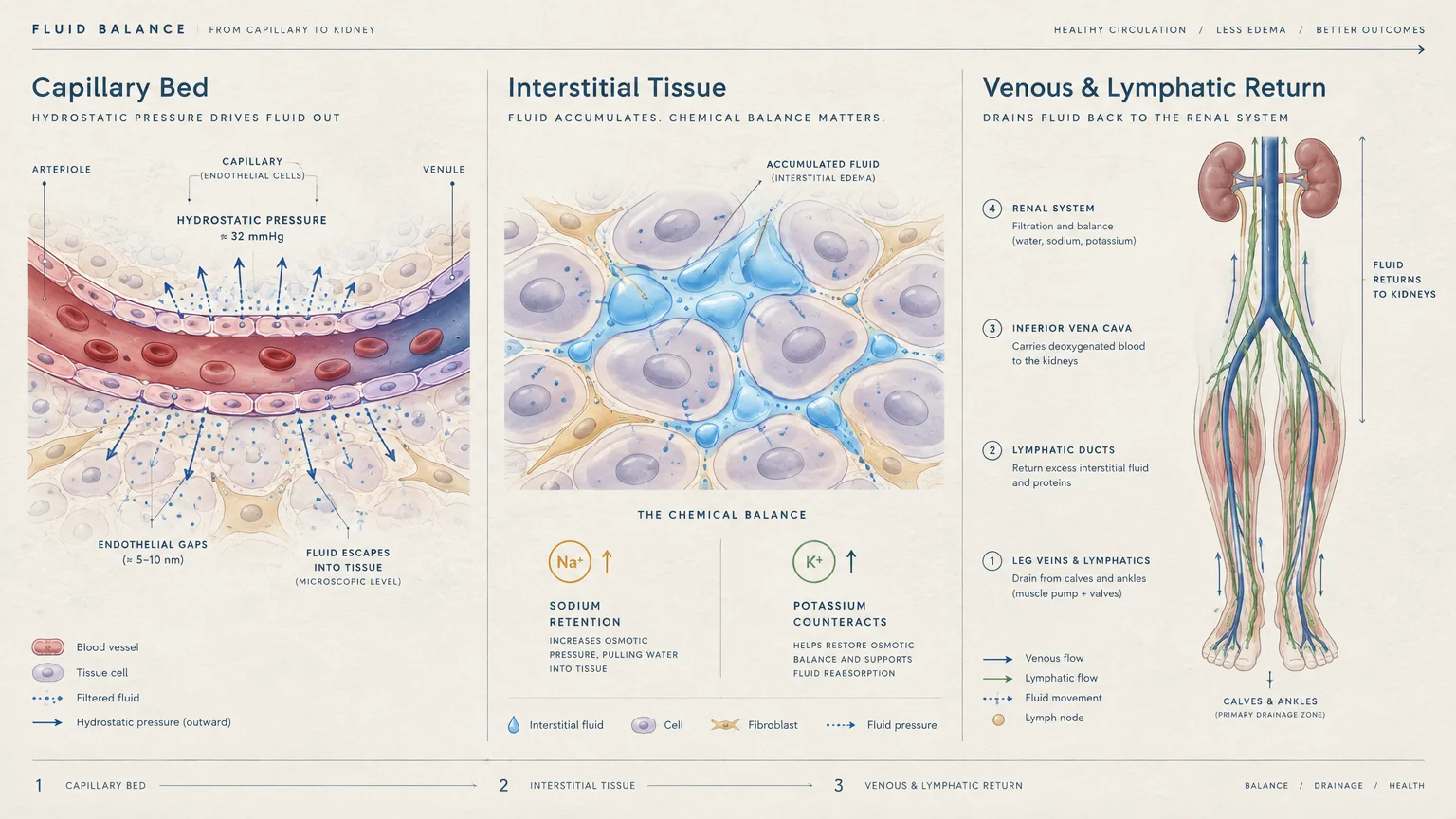 Three-part medical diagram illustrating capillary filtration, interstitial fluid retention, and lymphatic drainage in legs.