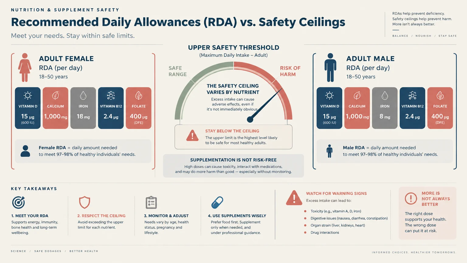 Infographic showing adult male and female RDAs alongside an upper safety threshold dial and safety guidance.