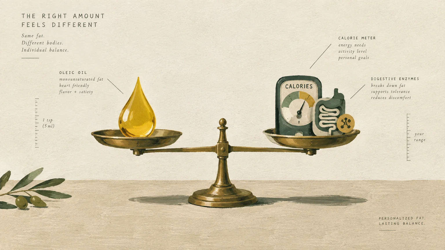 Vintage balance scale weighing a golden oil droplet against a calorie meter and digestive system icon.