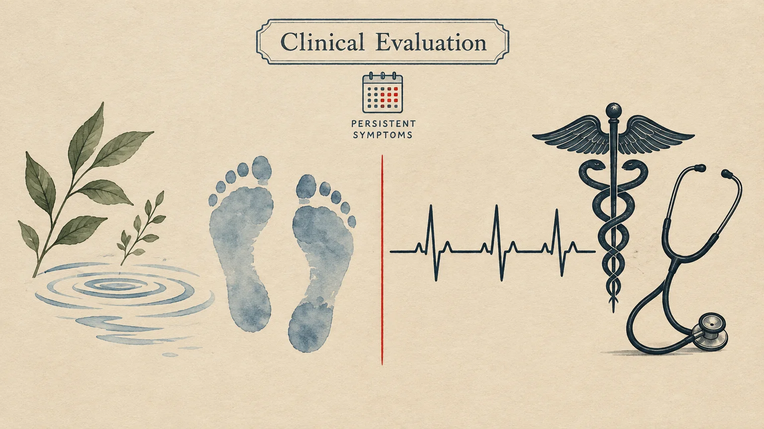 Illustration of leaves, footprints, and water beside an EKG line, caduceus symbol, and stethoscope.
