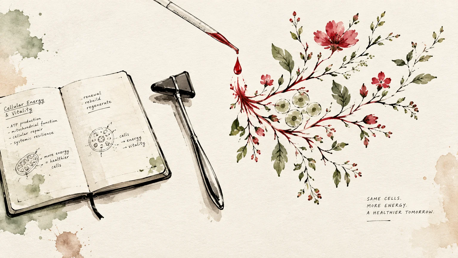 Watercolor art of an open notebook, reflex hammer, pipette dripping blood onto floral branches, and blood cells.