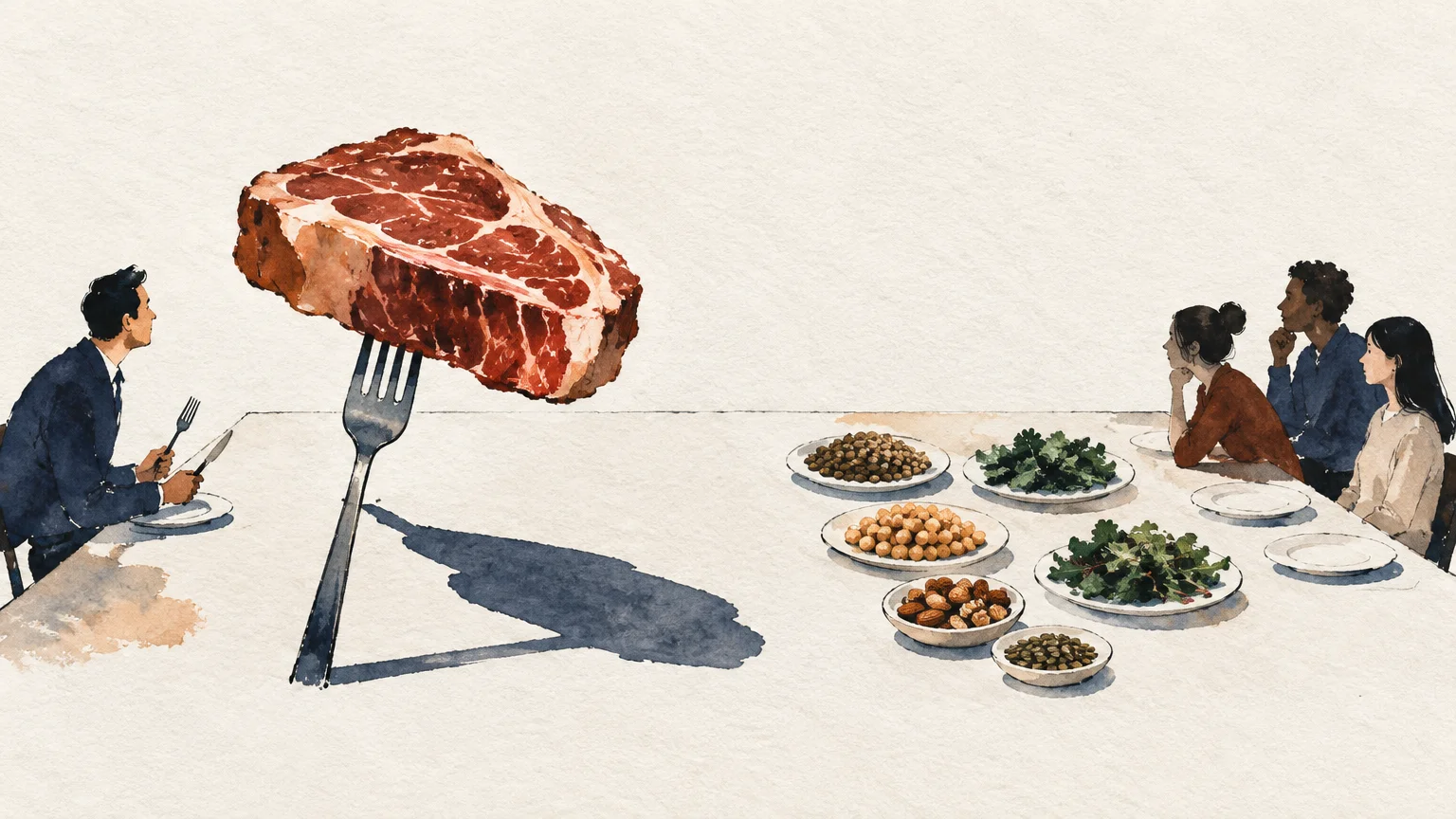 Watercolor illustration of a giant steak on a fork before one diner, while three people share small plant-based dishes.
