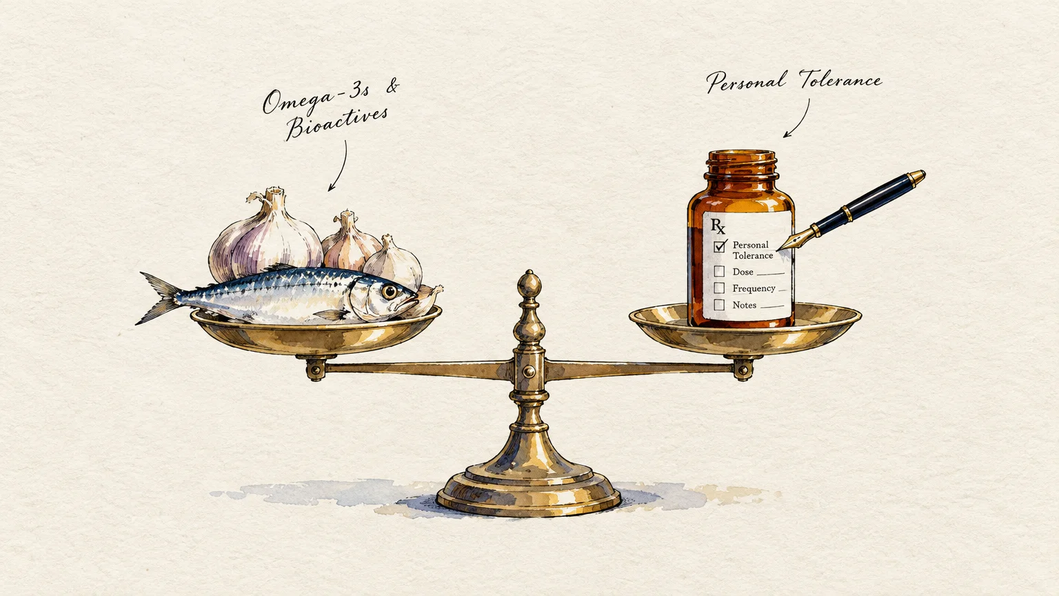 Illustration of a balance scale with fish and garlic on one pan balancing a medicine bottle and pen on the other.