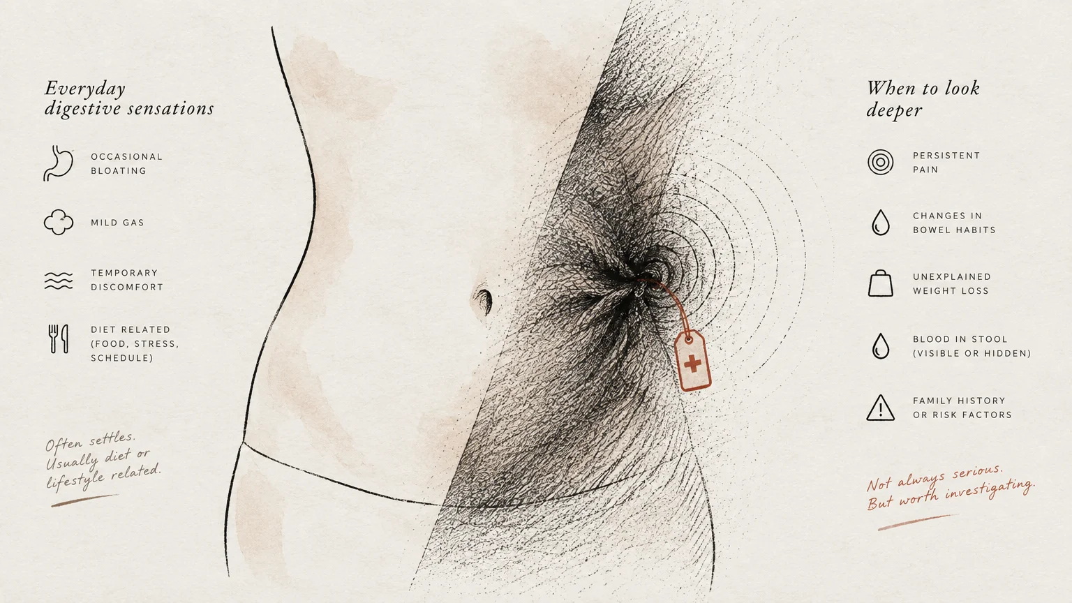Illustration of a torso split between normal digestion and painful radiating lines with a red medical tag.