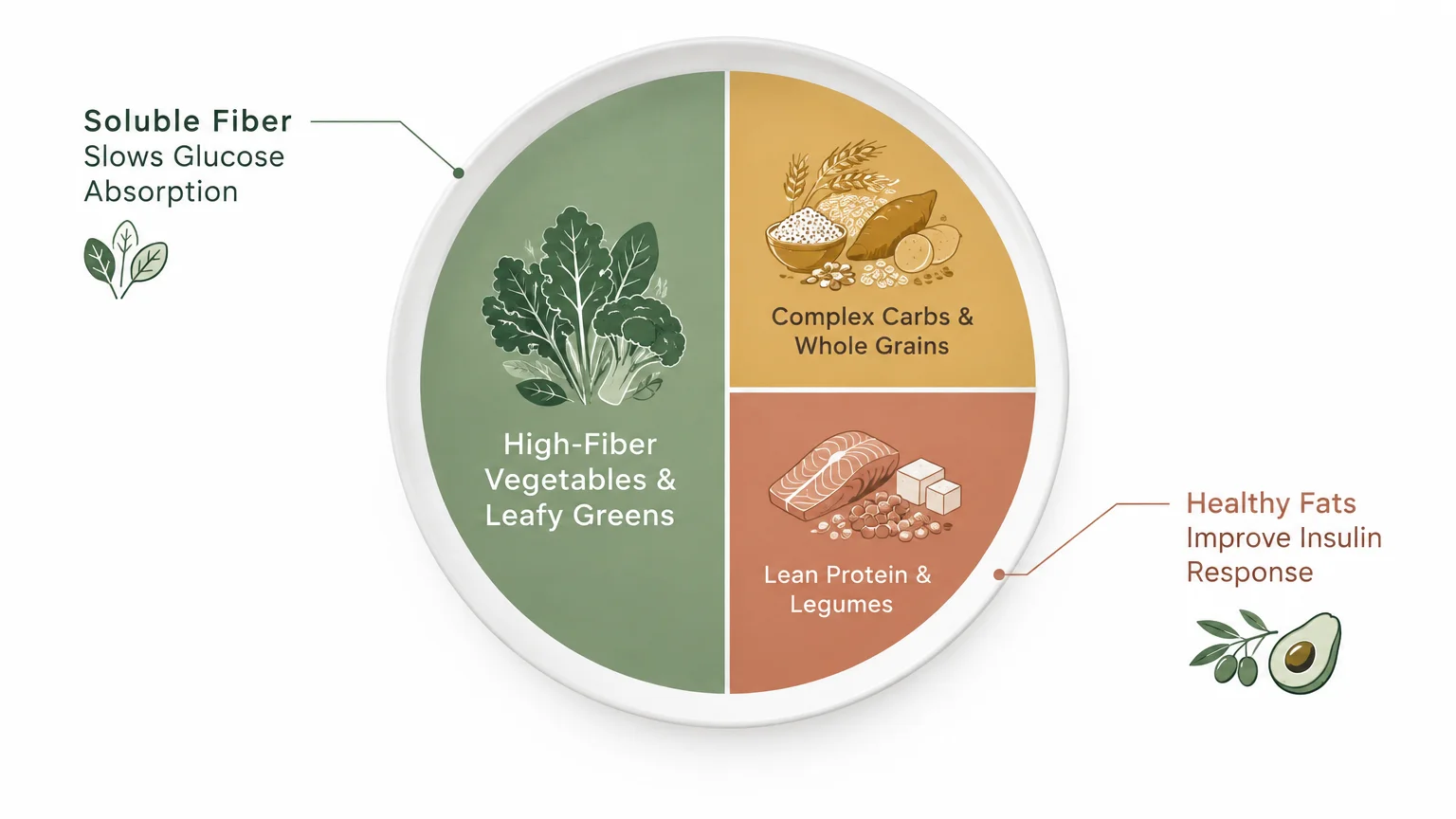 Diagram of a plate divided into high-fiber vegetables, complex carbs, and lean protein with annotations on fiber and fats.