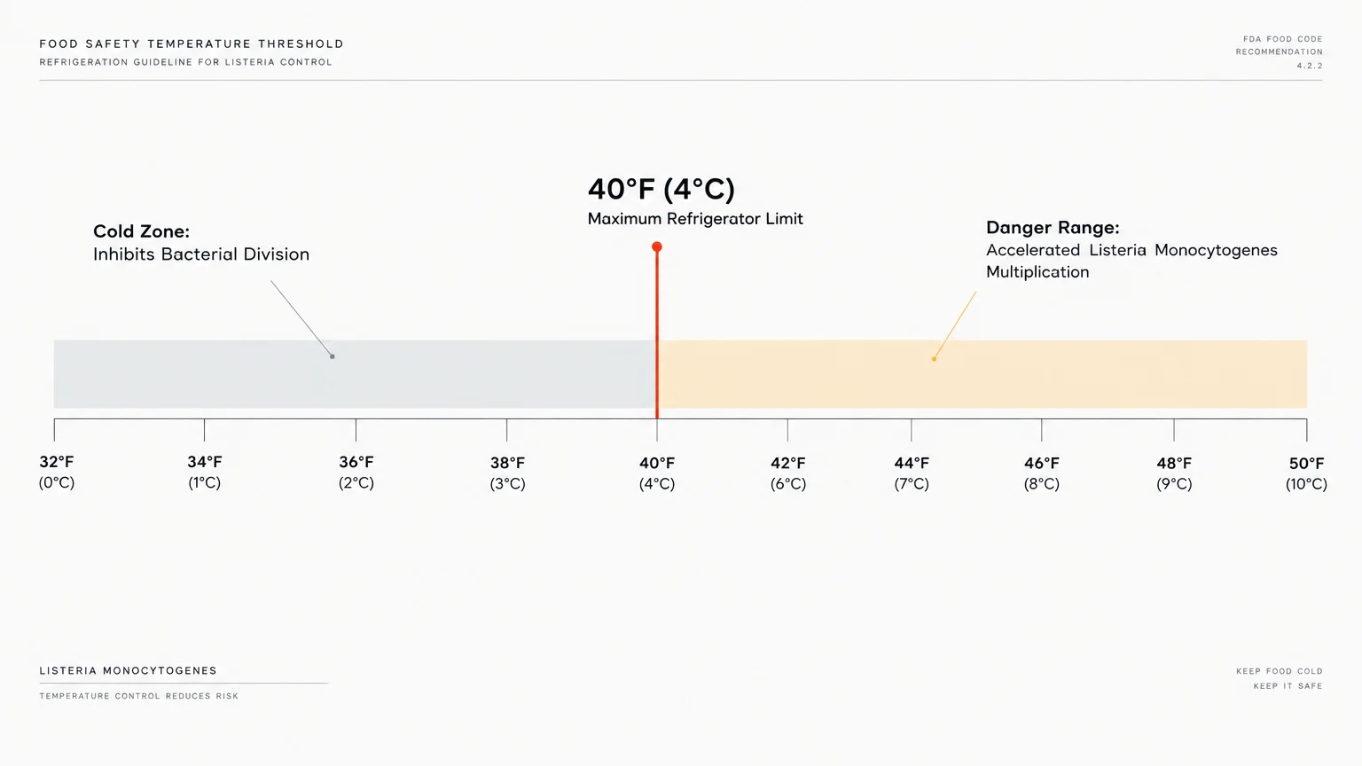 Food safety temperature scale highlighting 40 degrees Fahrenheit as the maximum refrigerator limit for Listeria control.
