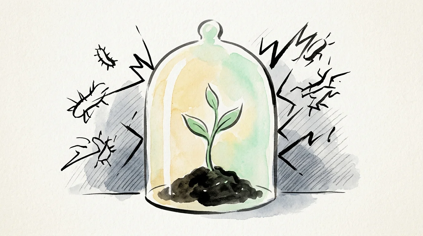 Watercolor illustration of a young green plant sheltered under a glass cloche while microbes and jagged lines surround it.