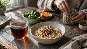 Oatmeal topped with nuts in a ceramic bowl beside a steaming cup of black tea, spinach, citrus, and seeds on a table.
