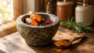 Fresh turmeric root, peppercorns, and saffron threads inside a stone mortar beside a wooden spoon of ground spice.