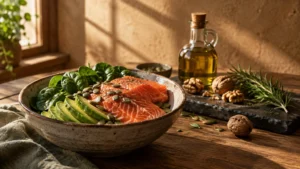 Ceramic bowl with salmon, sliced avocado, spinach, and pumpkin seeds on a wooden table beside olive oil and walnuts.