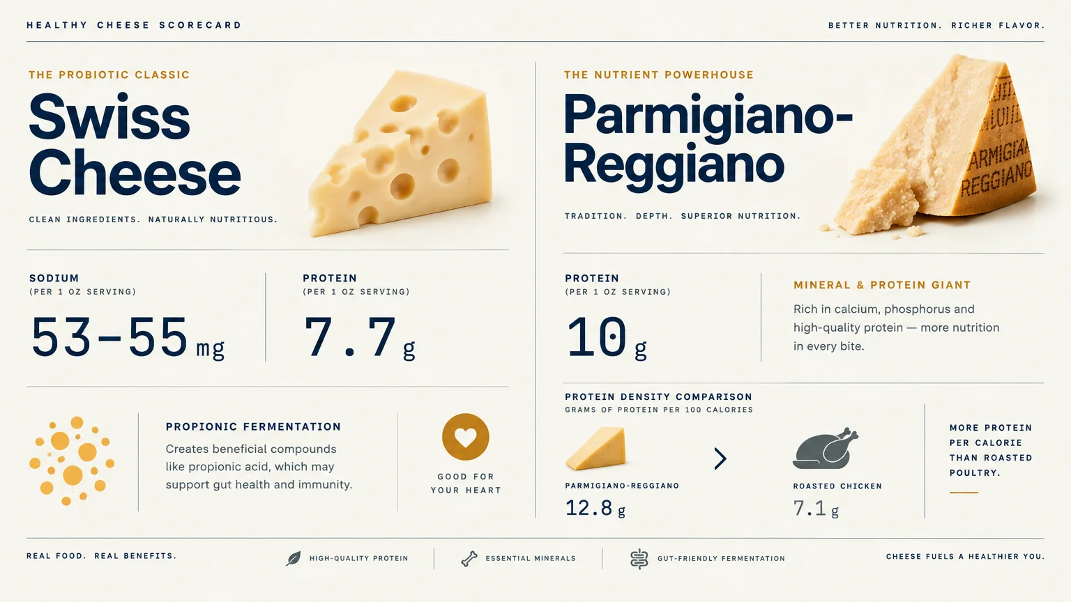 Nutritional infographic comparing Swiss cheese and Parmigiano-Reggiano with wedges of cheese and protein stats.