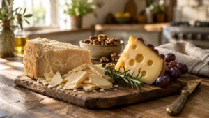 A wooden board holding wedges of Parmesan and Swiss cheese alongside grapes, rosemary, and a bowl of walnuts.