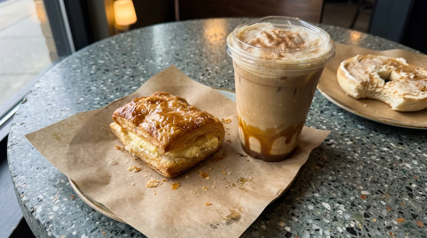 An iced caramel coffee drink, a flaky cream-filled pastry, and a half-eaten bagel on a cafe table.