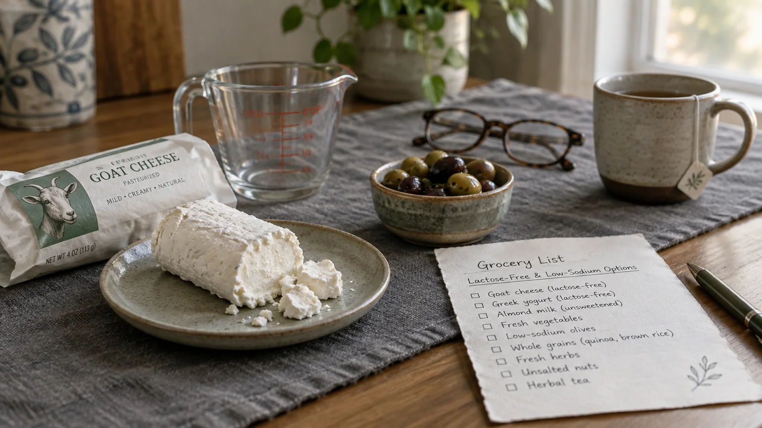 A goat cheese log on a plate beside packaging, a measuring cup, olives, eyeglasses, tea, and a handwritten grocery list.