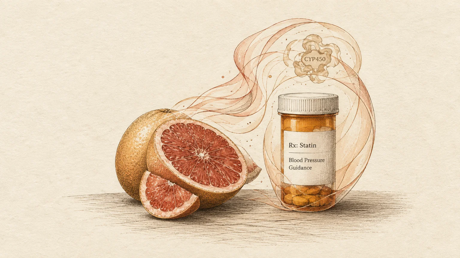 Colored pencil sketch of sliced grapefruit beside a statin prescription pill bottle with swirling ribbons labeled CYP450.