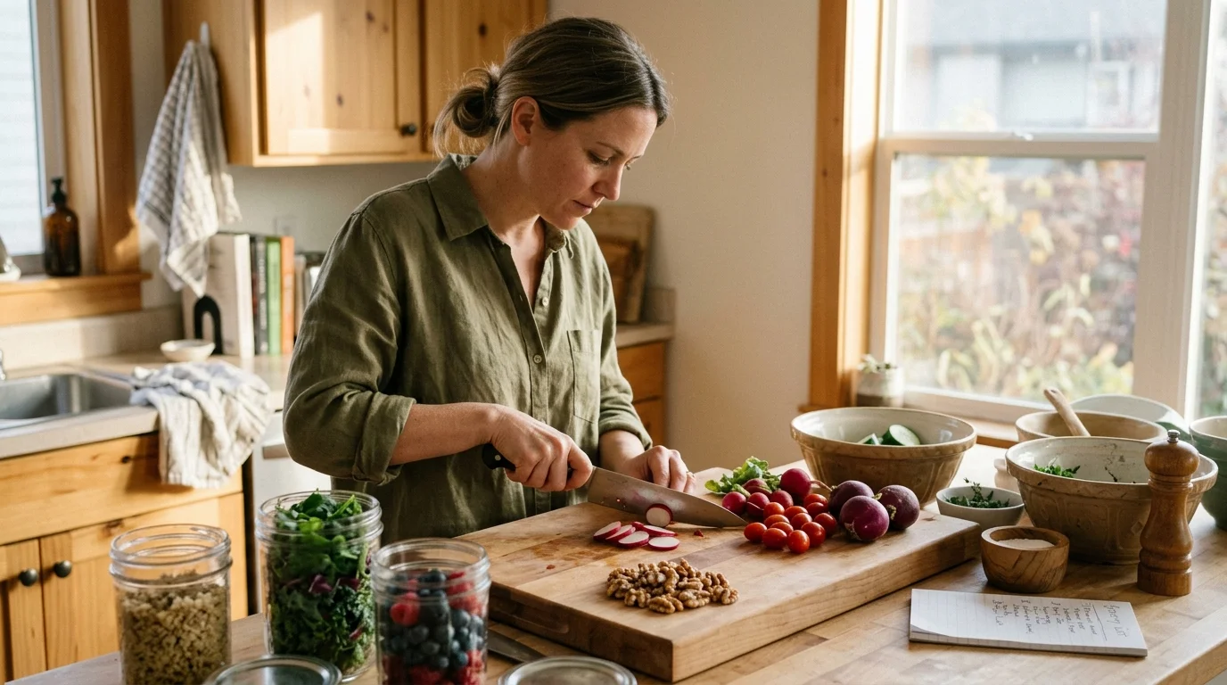 Woman in a green shirt slicing radishes on a wooden cutting board surrounded by jars and fresh produce in a kitchen.