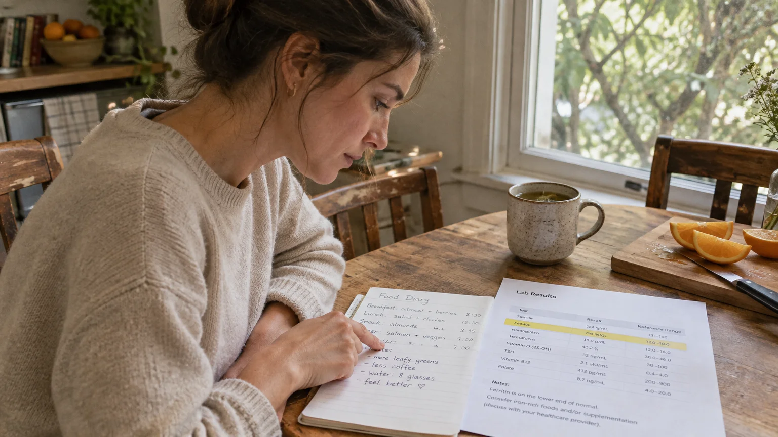A woman reviews a handwritten food diary and printed lab results at a wooden table beside a cup of tea.